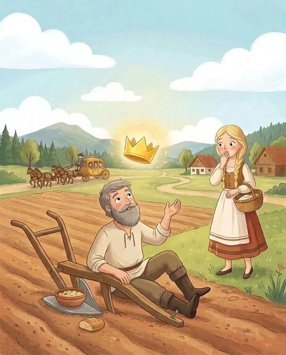 Kmet Matjaž sedi ob plugu na njivi, nad njim se spušča zlata krona